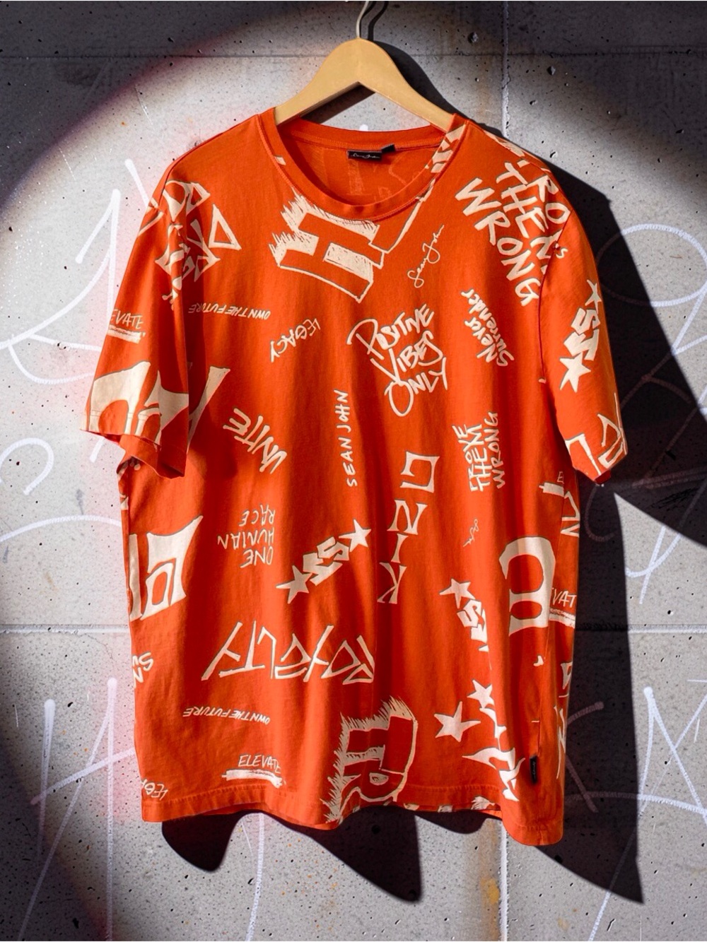 Sean John Orange Allover Graphic Tee Y2K Hip Hop Streetwear 2XL